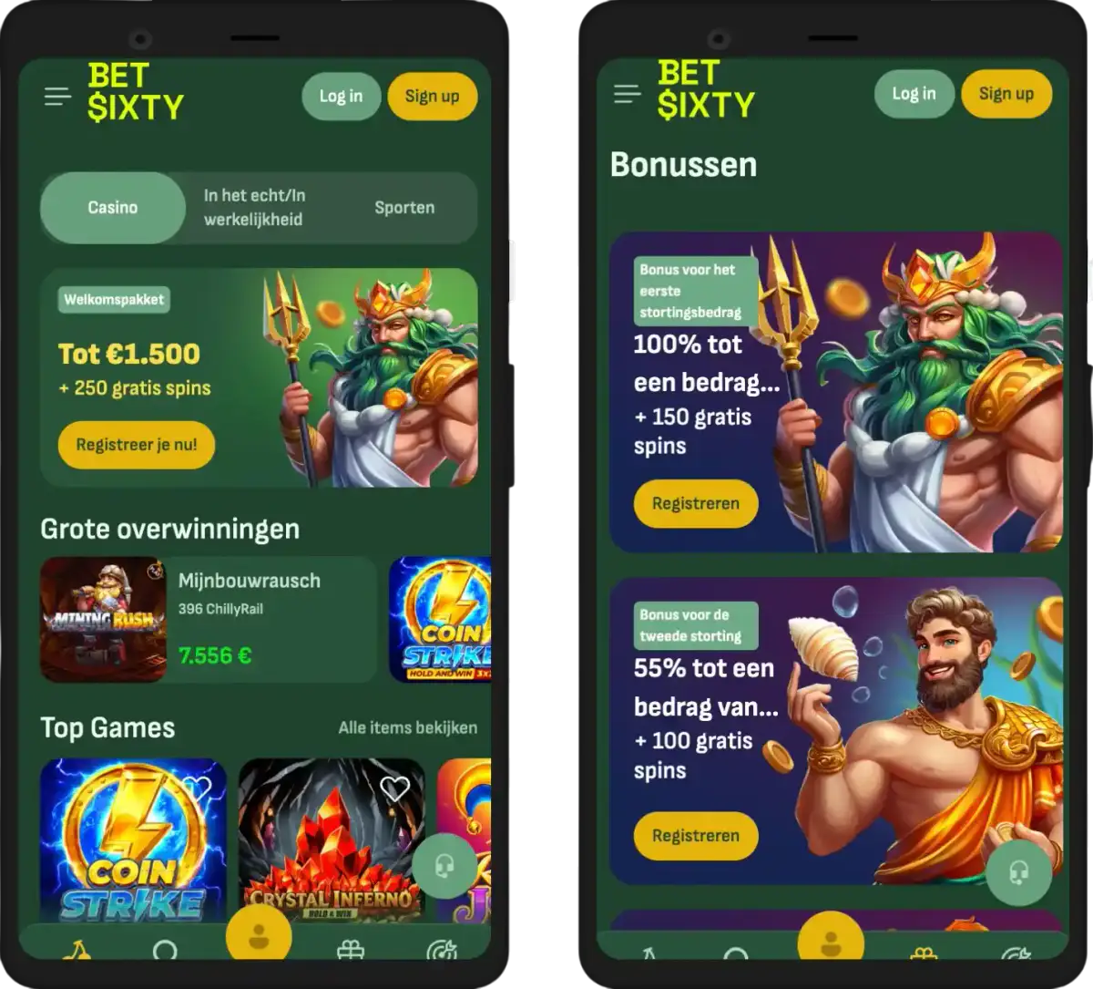 Mobiele versie van Betsixty Casino op een smartphone met het spelaanbod, navigatiemenu en promotiebanners